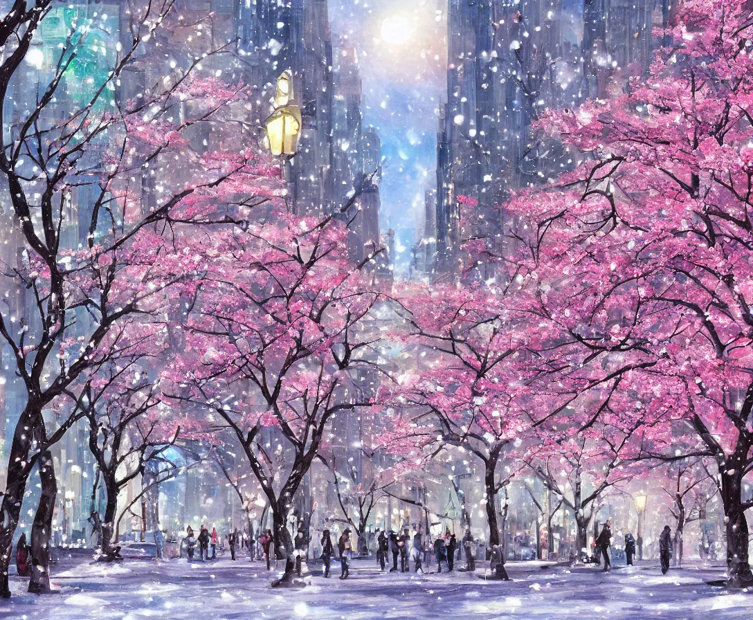 Prompt: anime painting of downtown new york city, sakura trees, cherry blossom petals, light snow