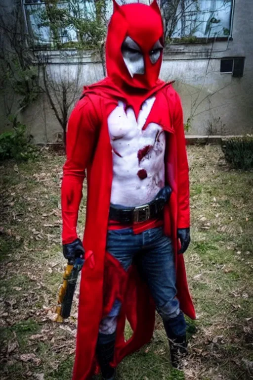 Prompt: red hood cosplay, creepy, disturbing