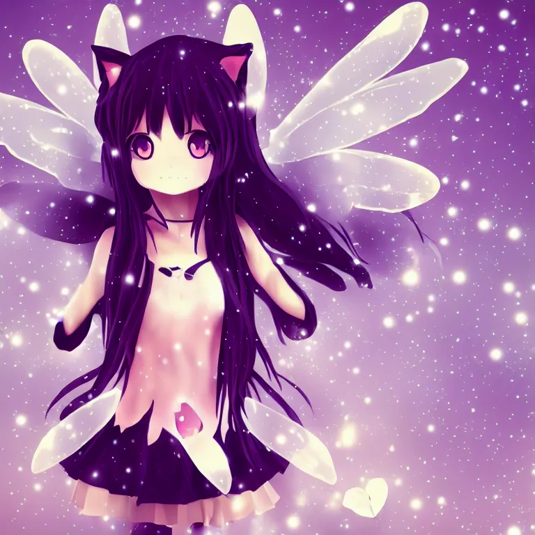 Prompt: cute, full body, female, anime style, a cat girl with fairy wings, large eyes, beautiful lighting, sharp focus, simple background, creative, heart effects, filters applied, symmetrical body