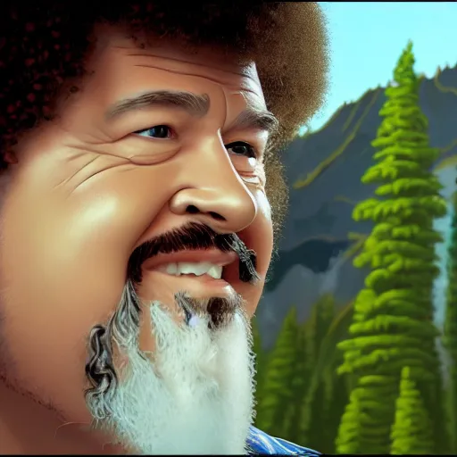 Image similar to a closeup photorealistic photograph of bob ross working on an image of kenny powers autographing a baseball on a canvas. mountains and trees. film still. brightly lit scene. this 4 k hd image is trending on artstation, featured on behance, well - rendered, extra crisp, features intricate detail, epic composition and the style of unreal engine.