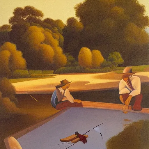 Prompt: “a beautiful painting of a man and his son fishing at the side of a lazy river, golden hour by Thomas Hart Benton, oil on masonite”