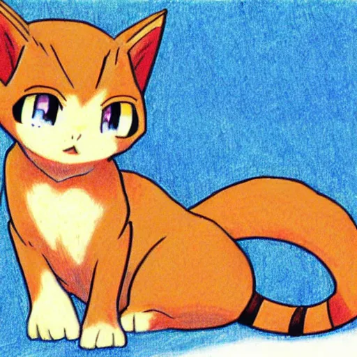 Image similar to an anime drawing of a light tan cat with blue eyes and black feet, drawn in 1 9 9 8, for pokemon red and blue.