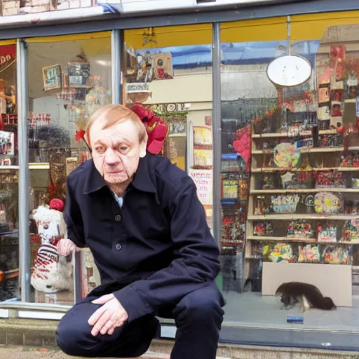 Prompt: mark e smith crouched behind a display window outside a pet shop, he is for sale