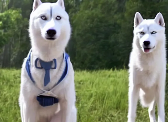 Image similar to film still of an anthropomorphic standing upright man dog white vested husky!!!!!! in a white vest wearing a white vest!!!!! in the new sci - fi movie, 8 k