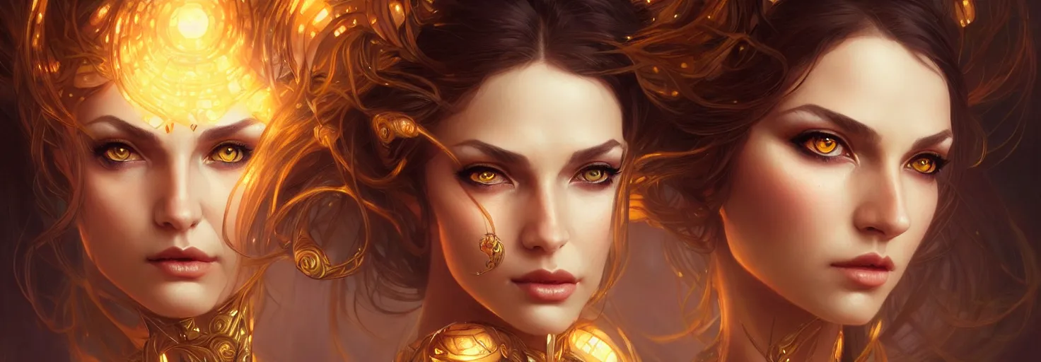 Image similar to fantasy magic woman portrait, sci-fi, amber eyes, face, long hair, fantasy, intricate, elegant, highly detailed, digital painting, artstation, concept art, smooth, sharp focus, illustration, art by artgerm and greg rutkowski and alphonse mucha