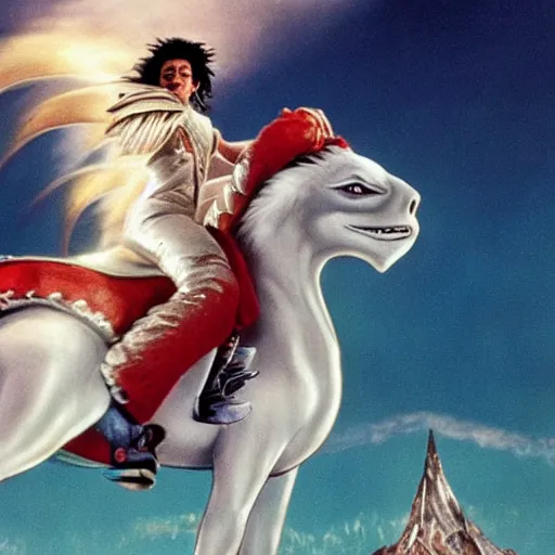 Image similar to Michael Jackson riding on top of Falkor from the film The Neverending Story