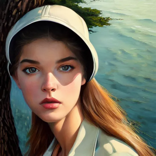 Image similar to oil painting by ilya kuvshinov,, baugh casey, artgerm craig mullins, coby whitmore, of a youthful white girl, long hair, fishing and wearing fisherman's outfit, fisherman's hat, highly detailed, breathtaking face, studio photography, noon, intense bounced light, water reflection, large tree casting shadow, serine intense sunlight