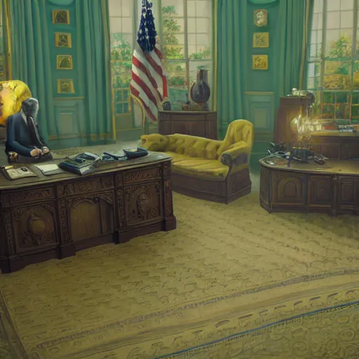 Image similar to spongebob in the oval office as president of the united states, volumetric lighting, 8 k octane beautifully detailed render, post - processing, extremely hyper - detailed, intricate, epic composition, cinematic lighting, masterpiece, trending on artstation, detailed detailed detailed, masterpiece, stunning art by anders zorn, wonderful masterpiece by greg rutkowski, beautiful cinematic light,