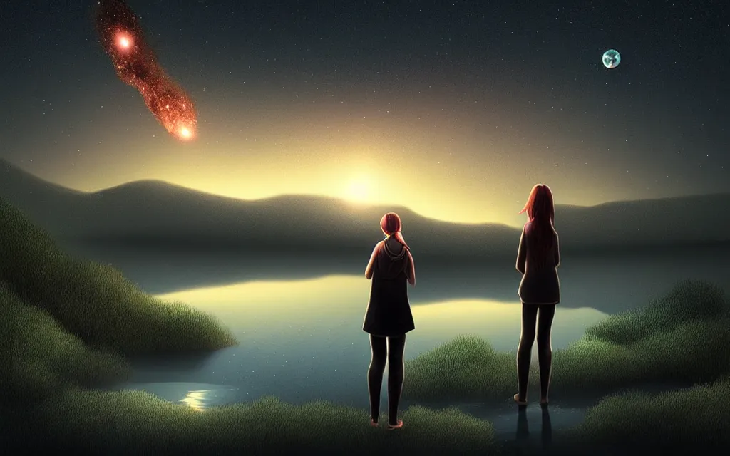 Image similar to girl staring at a meteorite hitting a calm lake at night by wlop, low poly art, ultra detailed color art, high detail, digital art