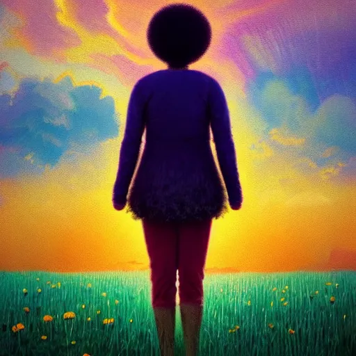 Image similar to giant flower afro, full body, girl standing in the middle of a field with flowers, surreal photography, hills, sunrise dramatic light, impressionist painting, colorful clouds, digital painting, pointillism, artstation, simon stalenhag