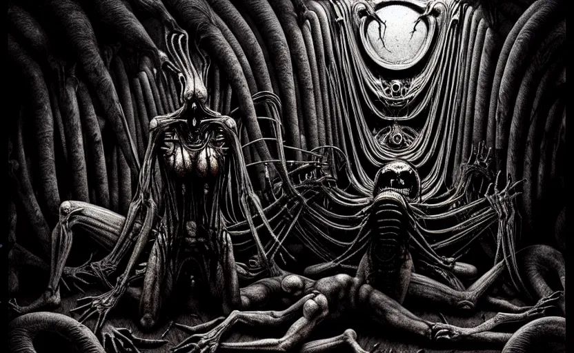 Image similar to an extremely detailed masterpiece of nightmares'and horrors, inspired by hr giger - moebius - leonardo da vinci, digital art, moody lighting, apocalyptic, epic scene, extremely moody lighting, glowing light and shadow, 4 k