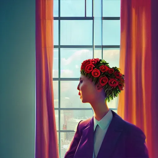 Image similar to huge dahlie flower head, woman in suit, standing by modern window in luxury apartment, surreal photography, sunlight, impressionist painting, digital painting, artstation, simon stalenhag