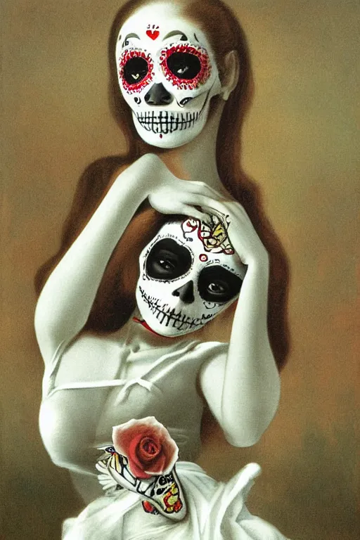 Prompt: illustration of a sugar skull day of the dead girl, art by michael sowa