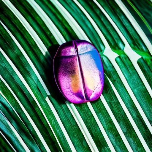 Image similar to an iridiscent scarab on top of a monstera leaf, close-up, 35mm, f1.8, realistic