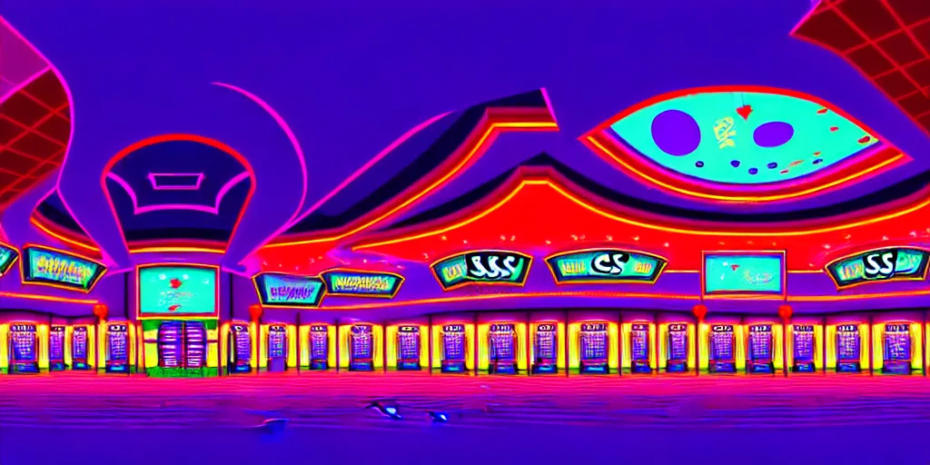 Prompt: extreme wide angle curved perspective digital art of sss indoor casino with a stage pale colors by anton fadeev from nightmare before christmas