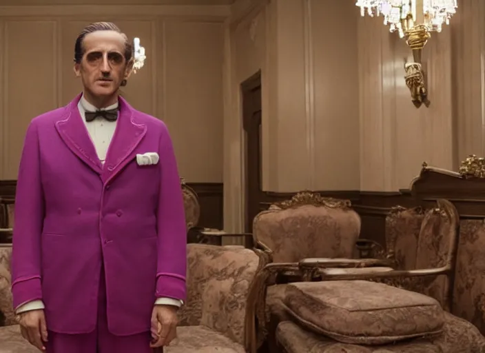 Prompt: a film still of a cosplay of the godfather in the grand budapest hotel ( 2 0 1 4 ), 4 k