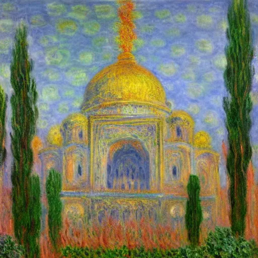 Prompt: The Temple of all Religions painting by Claude Monet