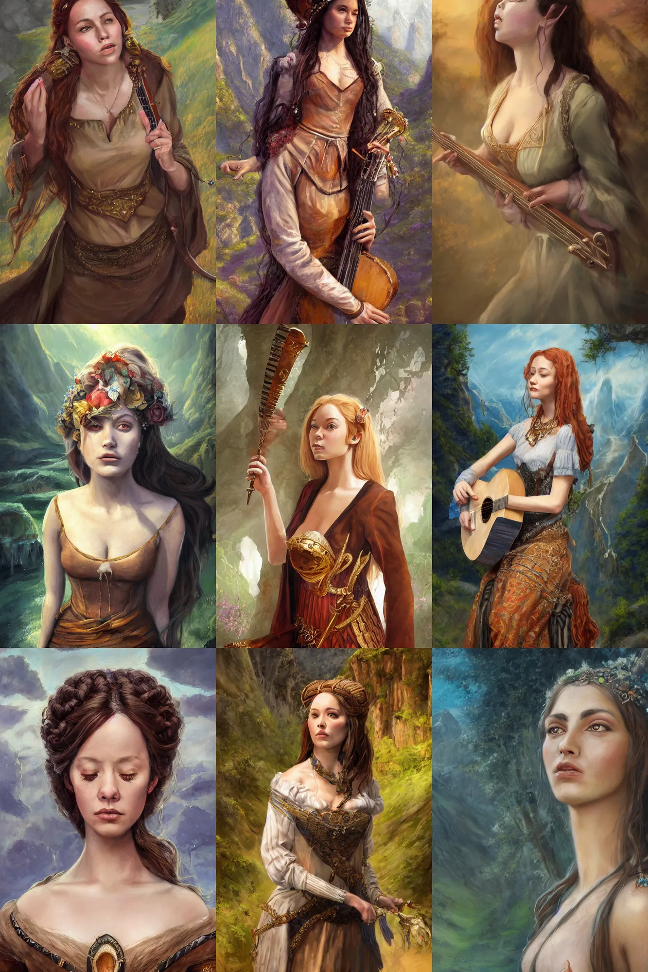 Image similar to a full body high detail fantasy portrait oil painting illustration of a single beautiful sophisticated singing bard woman by justin sweet with face and body clearly visible, in a scenic background, pupils visible, realistic proportions, d & d, rpg, forgotten realms, artstation trending, high quality, sombre mood, artstation trending, muted colours, entire person visible!