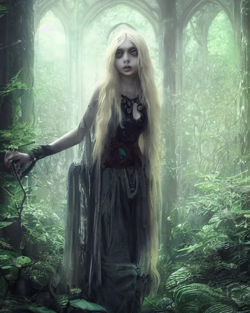 Image similar to Beautiful art portrait of taylor momsen as a fantasy gothic priestess in a bright temple surrounded by lush forest, atmospheric lighting, intricate detail, cgsociety, hyperrealistic, octane render, RPG portrait, ambient light, dynamic lighting