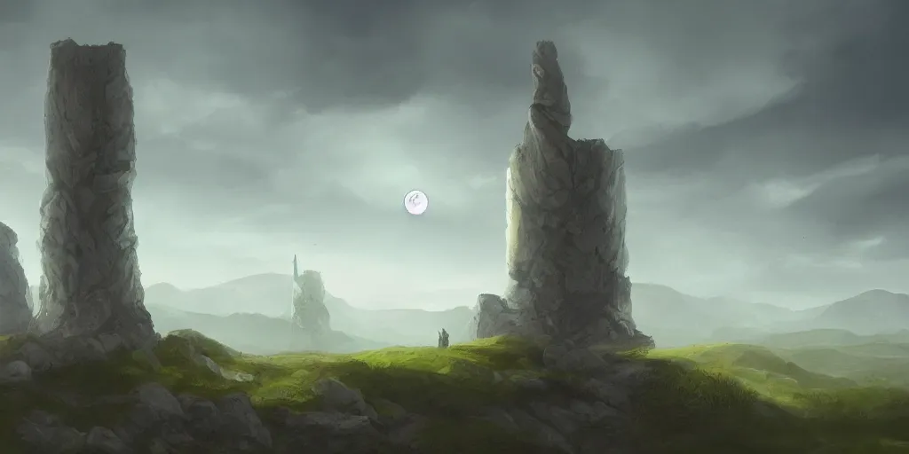 Prompt: The great marble wizards tower, painted landscape,green fields in the background, moody lighting, moon in the night sky, artstation, digital art