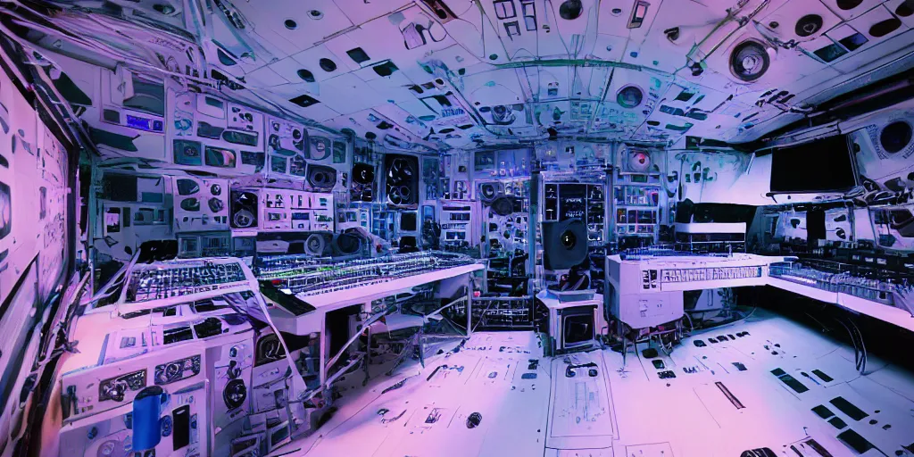 Image similar to giant speaker system music recording studio in the interior of an international space station. filled with electronic dj equipment, modular synthesizer with cables everywhere. hologram antimatter projection system. photorealistic 35mm 4k cgsociety