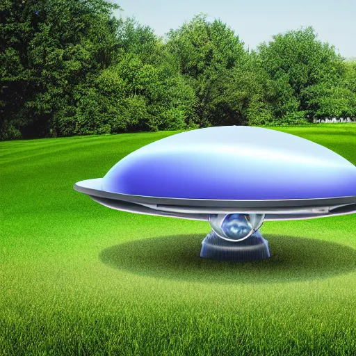 Prompt: a photo of a realistic ufo landing on a green field, summer day