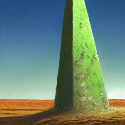 Image similar to A very highly detailed oil painting by Greg Rutkowski of a tall green obelisk made of crystals, glowing bright green in the middle of a very sandy desert.