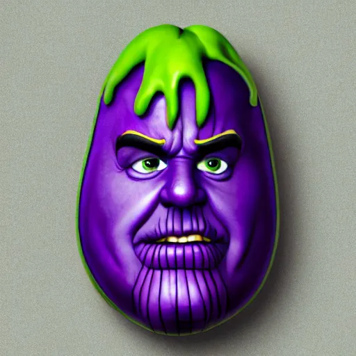 Image similar to thanos as an eggplant with eggplant features with the face of thanos, realistic, hyperrealistic, ultra realistic, real, real world, highly detailed, very detailed, extremely detailed, intricate details, 8 k resolution, hd quality