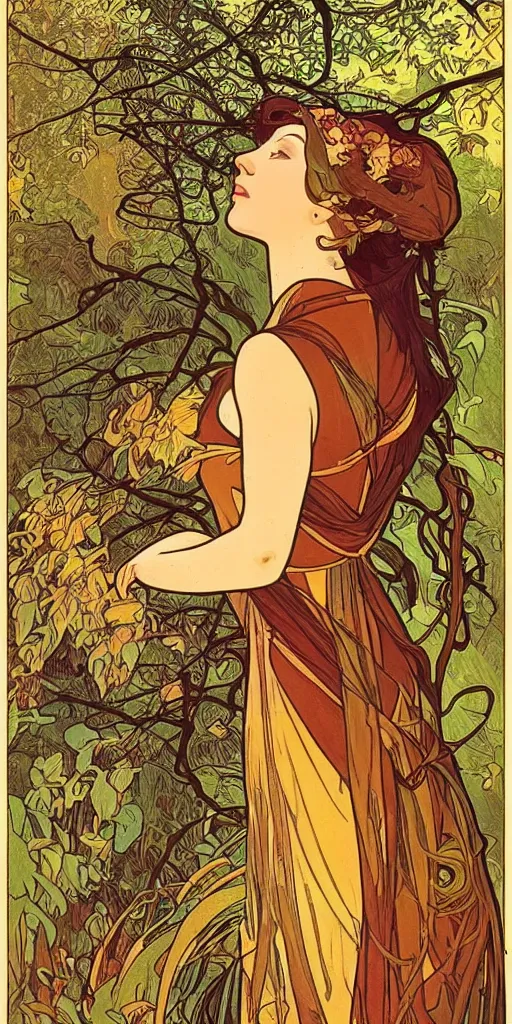 Image similar to a beautiful illustration of a beautiful lady in the forest, autumn, golden hour, alphonse mucha, moebius, cinematic