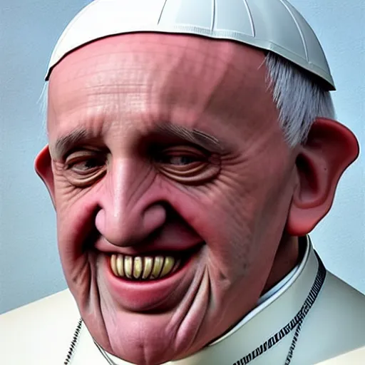Prompt: photorealistic pope francis with a creepy smile