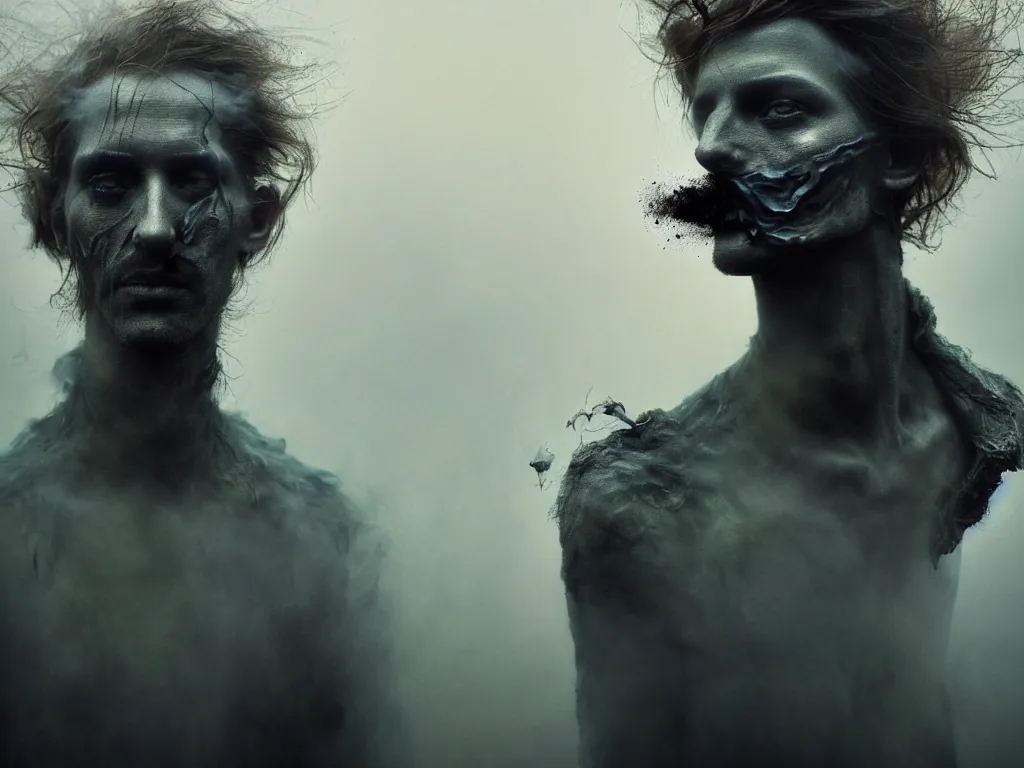 Prompt: cinestill 5 0 d portrait by paolo roversi of a dystopian man hybrid smoke statue in a scenic dystopian environment, smoke hair floating in air, dreamy intricate, elegant, highly detailed, digital art, artstation, concept art, smooth, sharp focus, tomasz alen kopera, peter mohrbacher, donato giancola, tonal colors