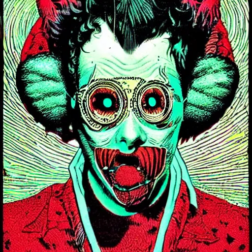 Image similar to a eccentric cybergoth guy, face covered in moths, small details, aesthetic!!!, color, by virgil finlay, by jamie hewlett,