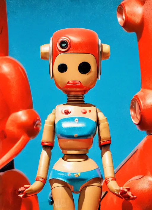 Prompt: portrait of a retro 1 9 5 0 s tin toy robot spacegirl wearing a bikini, depth of field, zeiss lens, detailed, symmetrical, centered, fashion photoshoot, by nicoletta ceccoli, mark ryden, lostfish, breathtaking, 8 k resolution, extremely detailed, beautiful, establishing shot, artistic, hyperrealistic, octane render