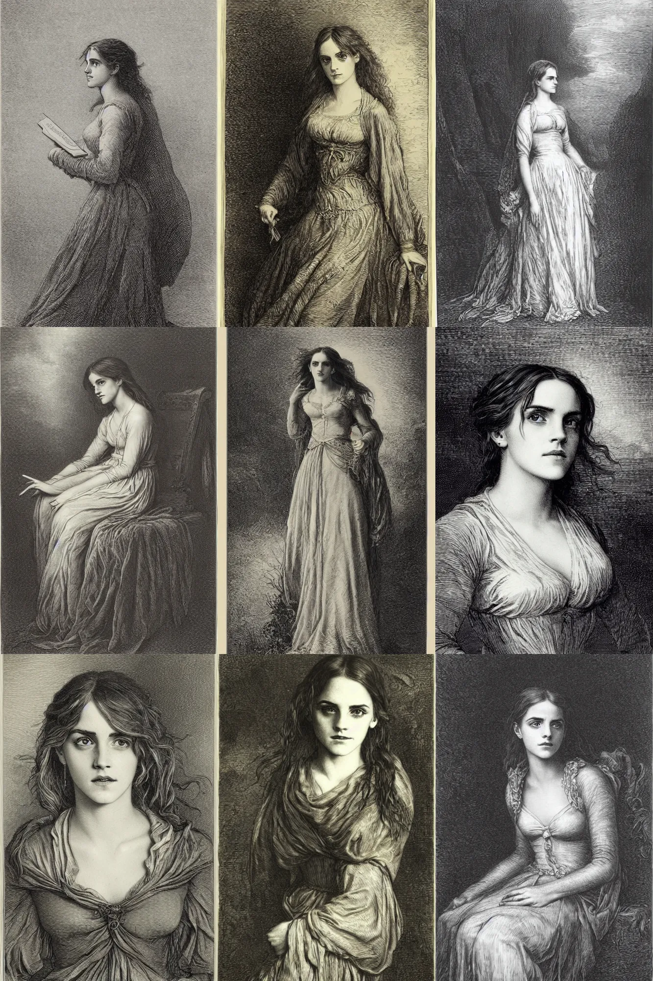 Prompt: Emma Watson, engraving by Gustave Doré