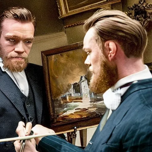 Image similar to mcgregor is dressed as a gentleman at early 2 0 th century paris. he is watching an easel. that easel has a canvas on it. ewan mcgregor has a brush on his hand. he is painting a painting. we can see his back. no background.