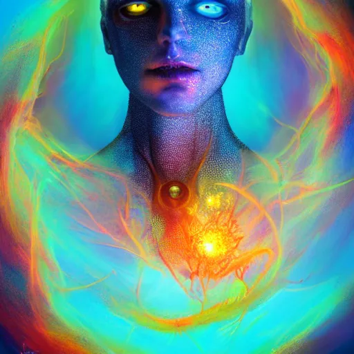 Image similar to I've discovered life, scientist, ecstatic, infinite power, manic, perfect eyes, full body shot, chemical structures, atoms, molecules, portrait, energized face, noble, transformation, vivid colors, elegant, concept art, sharp focus, digital art, Hyper-realistic, 4K, Unreal Engine, Highly Detailed, HD, Dramatic Lighting by Brom, trending on Artstation