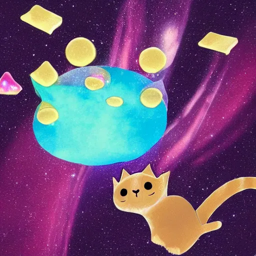 Image similar to cat with a poptart body flying through space pooping rainbows