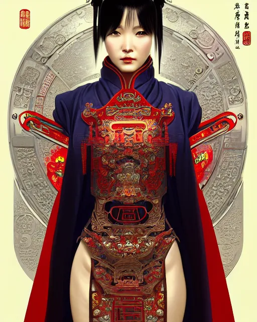 Image similar to portrait of a chinese cyberpunk machine, machine face, robed, upper half portrait, decorated with chinese opera motifs regal royal fierce machine robot cyberpunk fine china, wuxia, traditional chinese art intricate intense elegant highly detailed digital painting artstation concept art smooth sharp focus illustration, art by artgerm and greg rutkowski alphonse mucha 8 k