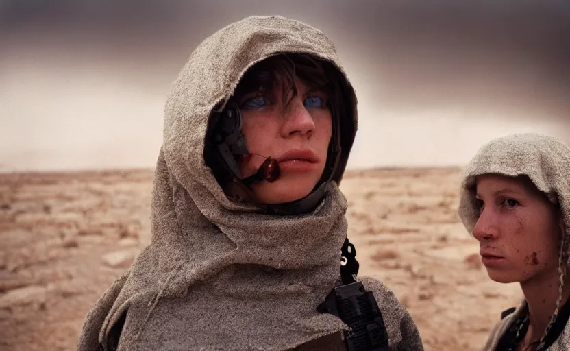 Prompt: cinestill 5 0 d photographic portrait by helen levitt of a white and mixed female android adult couple wearing rugged black techwear on a desolate plain of america, extreme closeup, modern cyberpunk, dust storm, 8 k, hd, high resolution, 3 5 mm, f / 3 2, ultra realistic faces, intricate detail, ex machina