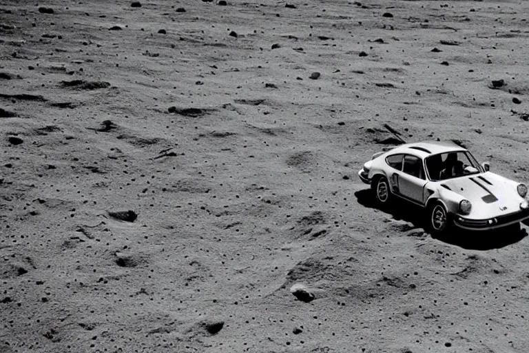 Image similar to vintage photo of a porsche 911 on the moon being driven by an astronaut. apollo moon landing