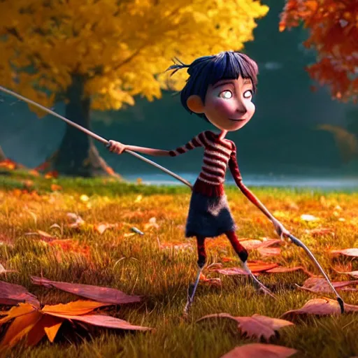 Prompt: a stopmotion animation character, a beautiful canadian woman, pulling weeds out frantically, some grey hair, stripey pants, canadian maple leaves, mountains, autumn, octane render, 8 k, kubo and the two strings, jan svankmayer, disney, pixar,