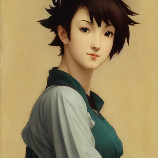 Image similar to A masterpiece head and shoulders portrait of Misato Katsuarig of NGE by William Adolphe Bouguereau and Makoto Shinkai