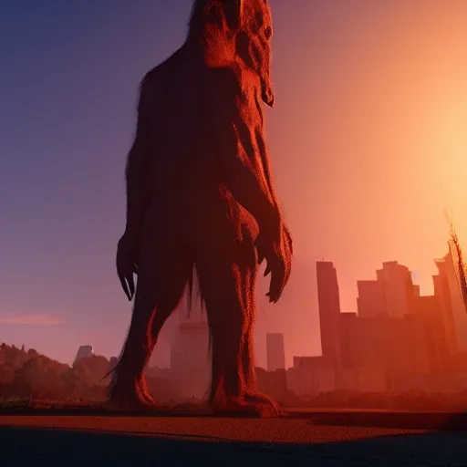 Image similar to a huge shadow creature towering over the town dramatic sunset lighting, artstation, 8k unreal engine