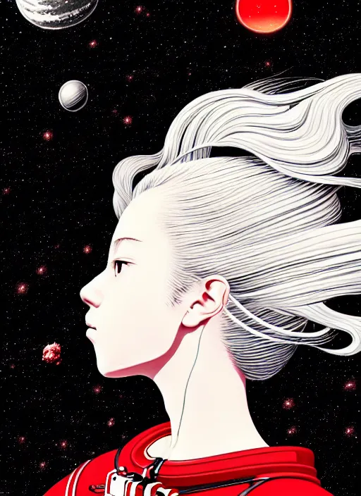 Prompt: highly detailed portrait of a hopeful pretty astronaut lady with a wavy blonde hair, by Hasui Kawase, 4k resolution, nier:automata inspired, bravely default inspired, vibrant but dreary but upflifting red, black and white color scheme!!! ((Space nebula background))