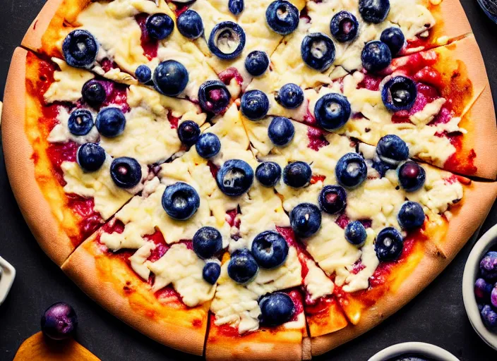 Image similar to A delicious plate of a big pizza with small blueberries on, extra cheese, close up food photography, studio lighting, Sigma 35mm f/1.4