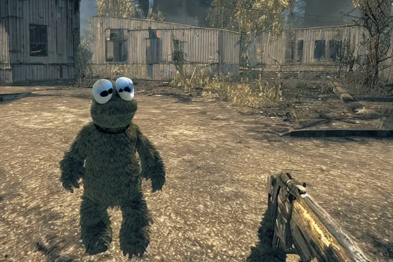 Image similar to “ a screenshot of cookie monster in s. t. a. l. k. e. r. : shadow of chernobyl ”