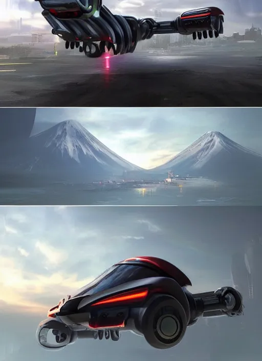 Image similar to a futuristic dieselpunk tesla cyber truck vehicle hover craft in the future of 2 0 8 9 futuristic version, cyberpunk look. digital art. trending on artstation. cyberpunk look hovering by mount fuji early in the morning with a few blossom trees around, high quality photo