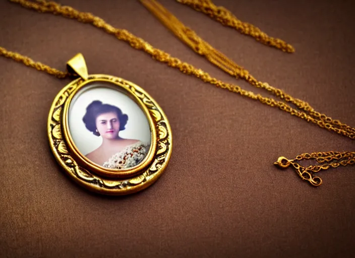 Prompt: sepia photo of a golden necklace with a hanging tiny open oval rusty golden locket pendant with a retro photo of an elegant and aesthetic woman royalty portrait, on a forest background with bokeh. Retro. Antique. High quality 8k. Intricate. Graflex camera 35mm. Award winning