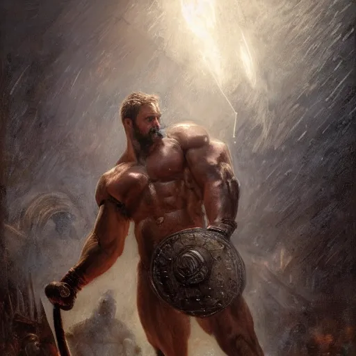 Prompt: handsome portrait of a spartan guy bodybuilder posing, radiant light, caustics, war hero, translucent rainstorm, steel bull run, by gaston bussiere, bayard wu, greg rutkowski, giger, maxim verehin