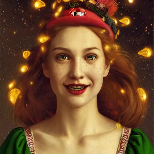 Image similar to a totally amazed smiling pretty supermario surrounded by golden firefly lights in a mesmerizing scene, fully covering intricate detailed bohemian outfit, long loose red hair, precise linework, accurate green eyes, small nose with freckles, beautiful smooth oval head, expressive emotions, hyper realistic ultrafine portrait by artemisia gentileschi, jessica rossier, greg rutkowski, artgerm